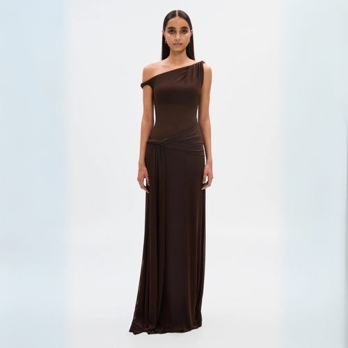 Ingrid - Elegante vestido largo con hombros caídos y espalda abierta