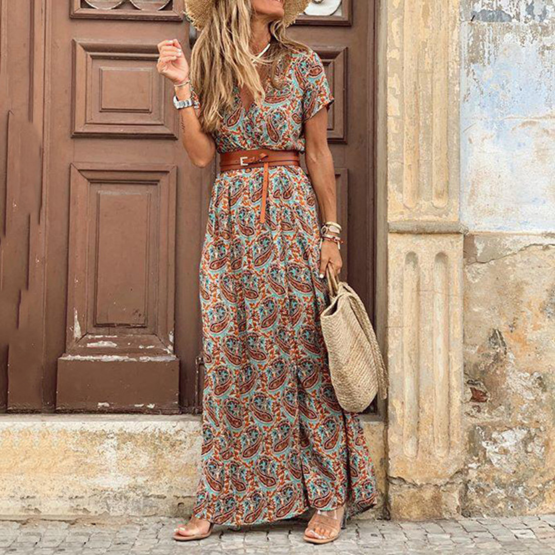 Carmela - Vestido largo con cinturón y estampado floral