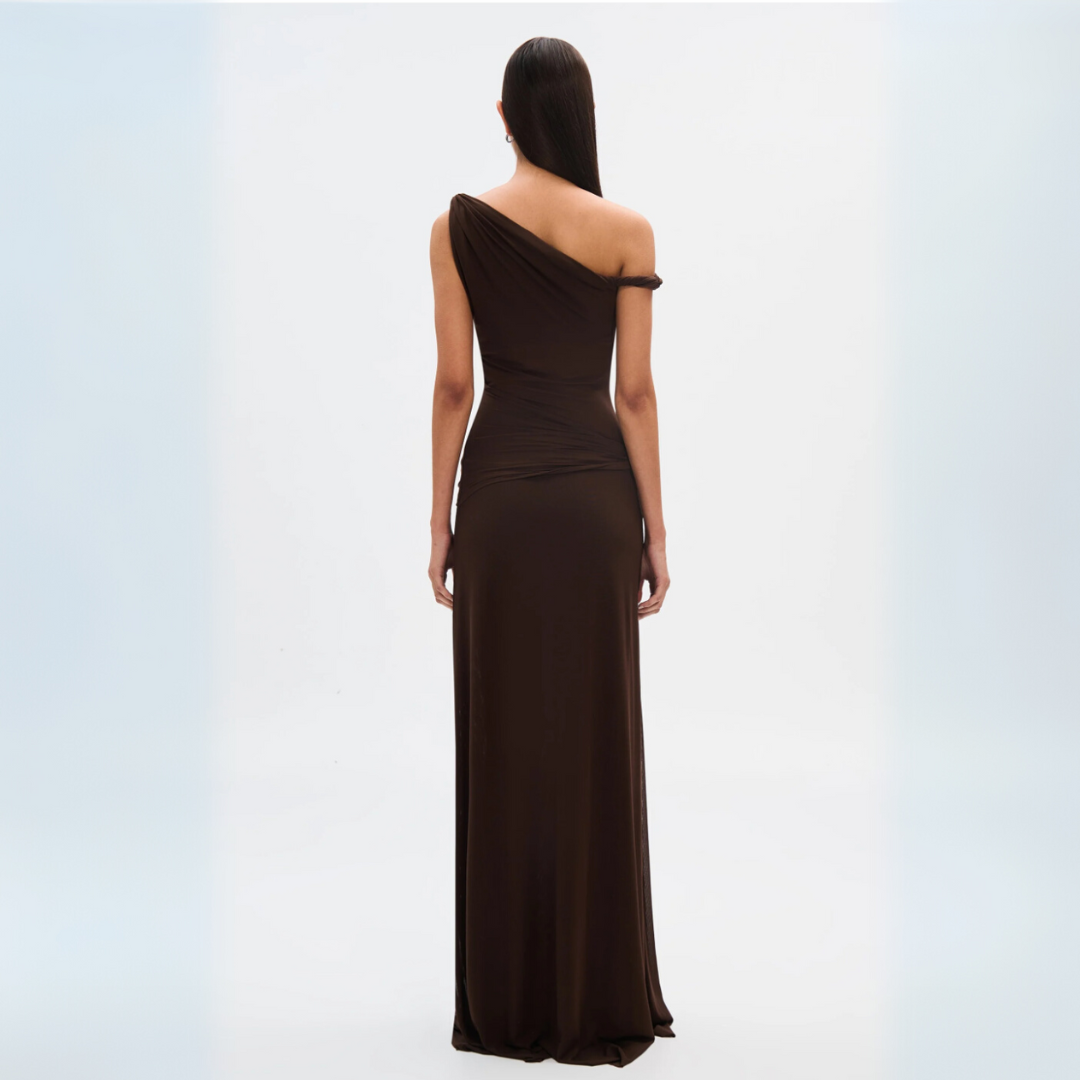 Ingrid - Elegante vestido largo con hombros caídos y espalda abierta