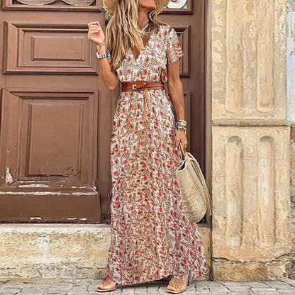 Carmela - Vestido largo con cinturón y estampado floral