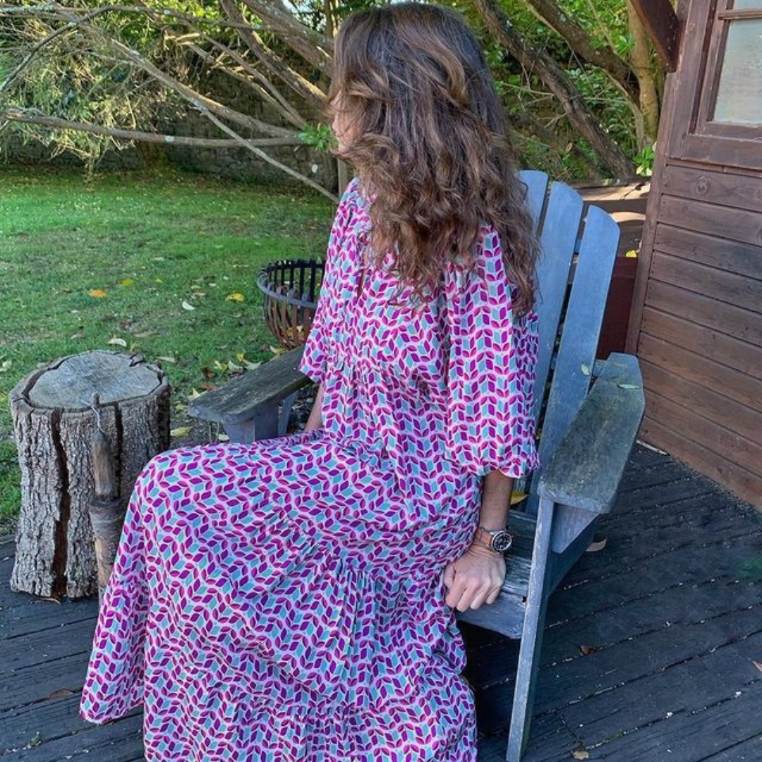 Ana - Vestido largo estilo boho con mangas buff