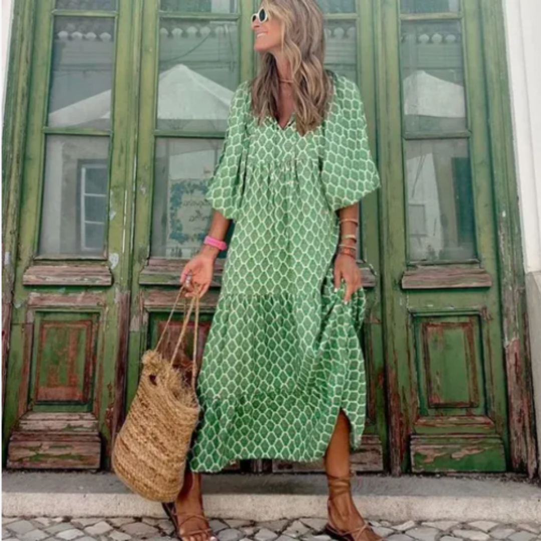 Ana - Vestido largo estilo boho con mangas buff